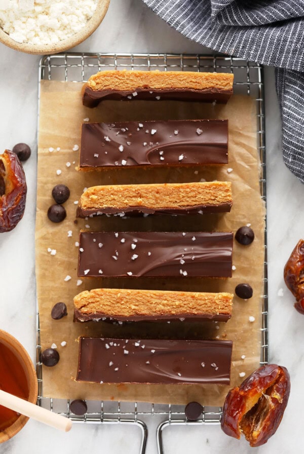 Chocolate peanut butter protein bars on a baking sheet.