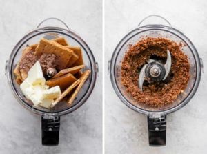 Two pictures of cheesecake bars ingredients in a food processor.