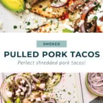 Pulled pork tacos on a baking sheet.