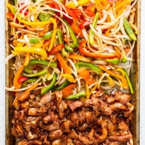 sheet pan fajitas on baking sheet.