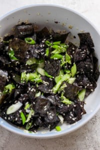 Black sesame tofu in a bowl.