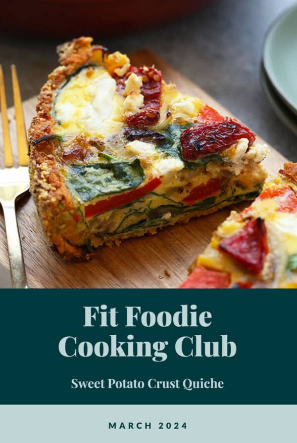 A slice of sweet potato crust quiche garnished with spinach and red peppers, presented as part of the The Cream Blog club for march 2024.