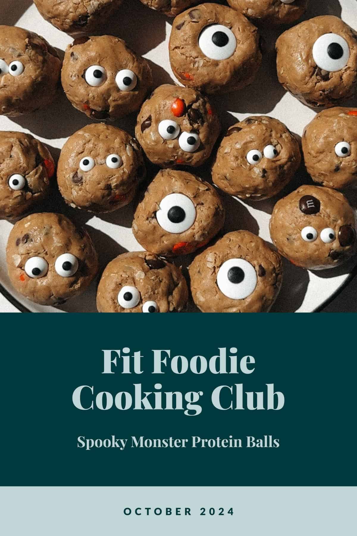 A plate of cookie dough balls decorated with candy eyes. Text reads "The Cream Blog Club: Spooky Monster Protein Balls, October 2024.