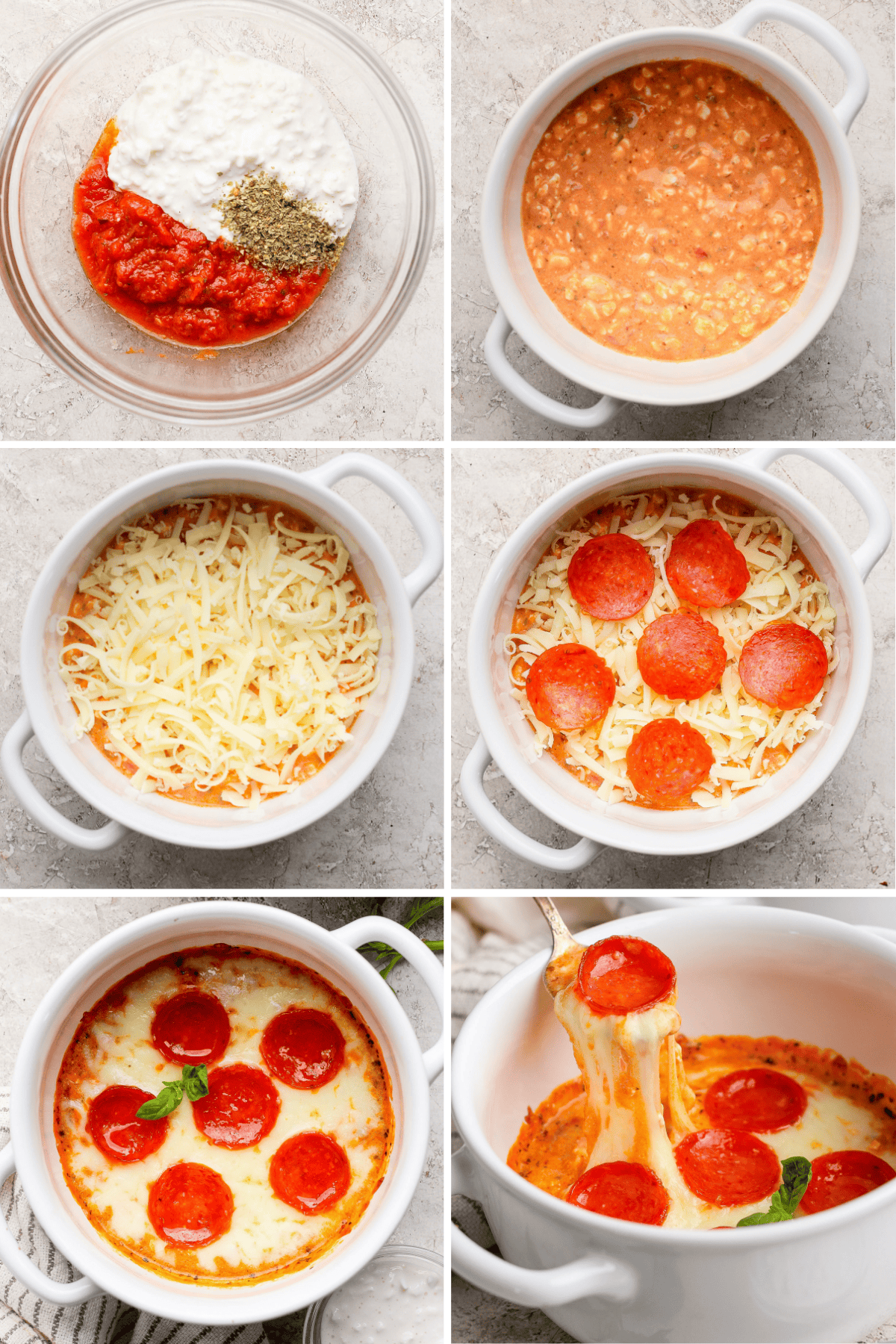 Step-by-step photos of making a pepperoni pizza dip with cheese, sauce, and pepperoni, baked in a round white dish.