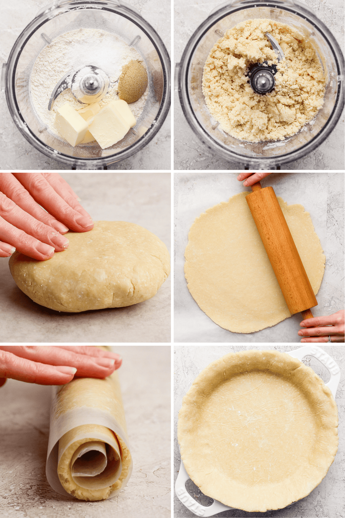 Six-step process of making pie crust: ingredients in a food processor, blended dough, hand forming dough, rolling it out, rolling onto parchment, and placing in a pie dish.
