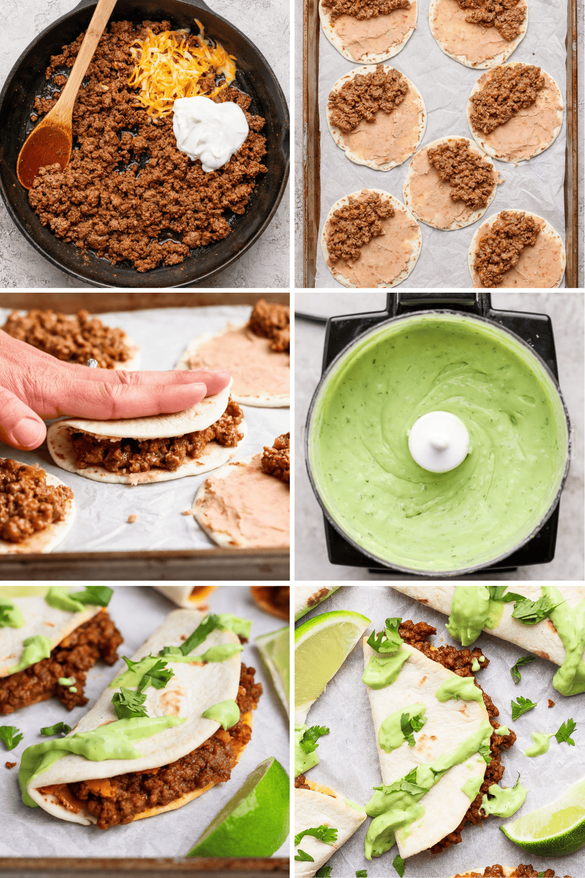 Step-by-step process of making beef tacos: cooking beef with cheese and sour cream, assembling on tortillas, folding, preparing green sauce, and serving with sauce, cilantro, and lime wedges.
