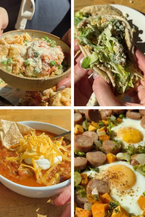 A collage of four dishes: creamy pasta with peas, a hand holding a stuffed pita, chili with chips and cheese, and a skillet with eggs, sausage, and vegetables.