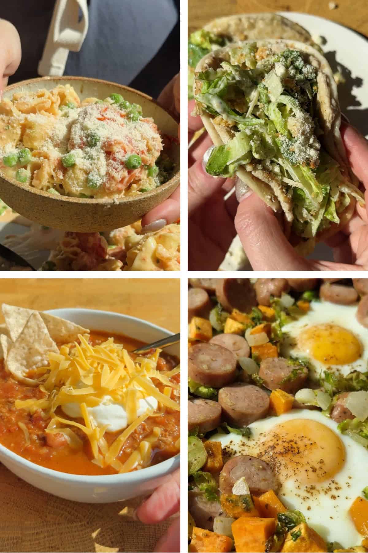 A collage of four dishes: creamy pasta with peas, a hand holding a stuffed pita, chili with chips and cheese, and a skillet with eggs, sausage, and vegetables.