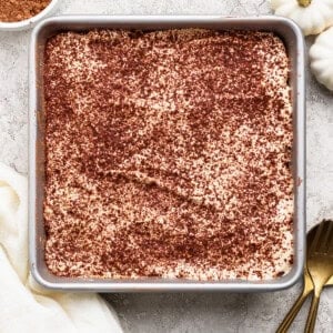 A square pan of tiramisu topped with cocoa powder sits on a light textured surface next to a bowl of cocoa, white cloth, gold fork and spoon, and two small white pumpkins.