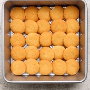 A square baking pan filled with a single layer of round vanilla wafer cookies arranged in a grid pattern.